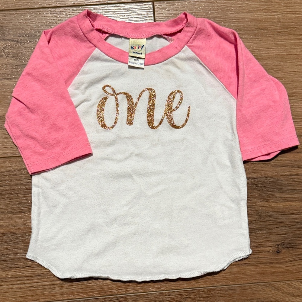 Kavio Pink and White One Tee with Gold Print 18 Mo